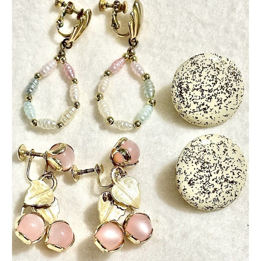 VTG Clip On Earrings Lot Pink Cherry Pastel Beaded White Speckled Retro Coquette
